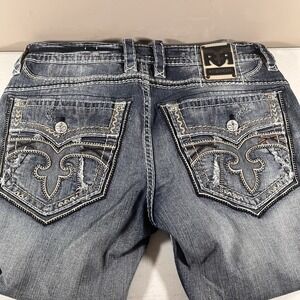 Rock Revival Norman Straight Jeans Mens 38x26 Distressed Embroidered Pockets